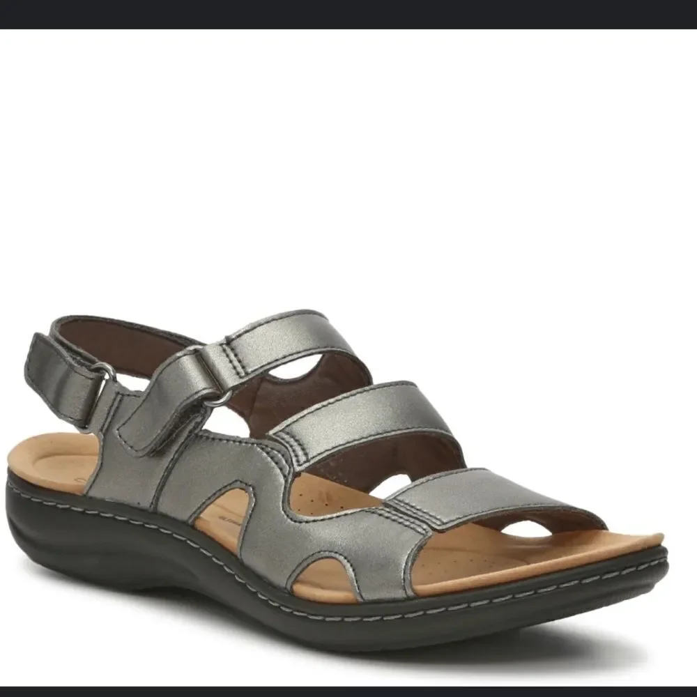 Clarks Laurieann Style Adjustable walking Sandals Pewter Metallic Sz 11 NWOB